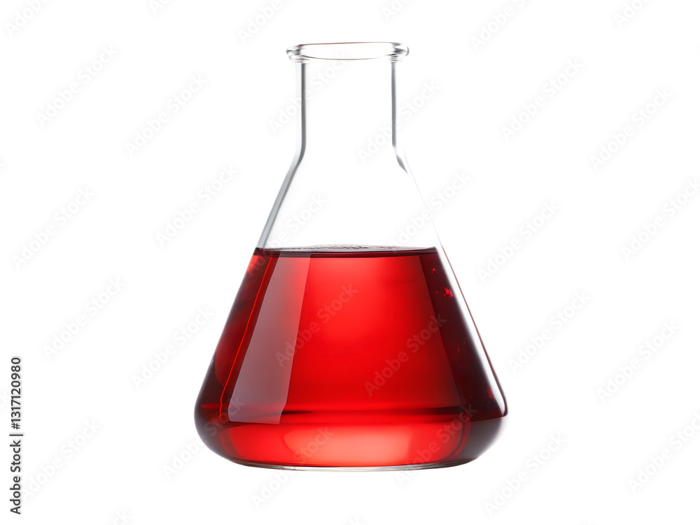 Clear Glass Erlenmeyer Flask with Red Liquid for Chemistry Experiments, isolated on Transparent background Clear Glass Erlenmeyer Flask with Red Liquid for Chemistry Experiments, isolated on Transparent background