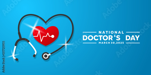 National Doctors Day. Stethoscope, light and heartbeat. Great for cards, banners, posters, social media and more. Blue background.