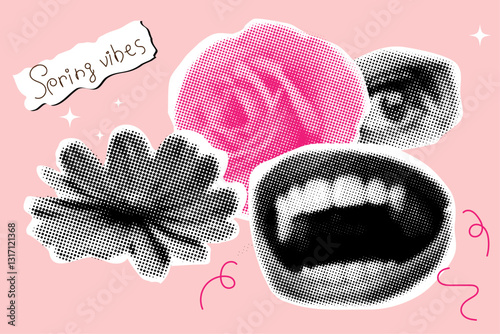 Halftone collage with women's faces parts eyes, lips and rose,can be used for celebrating mother's day,collage elements
