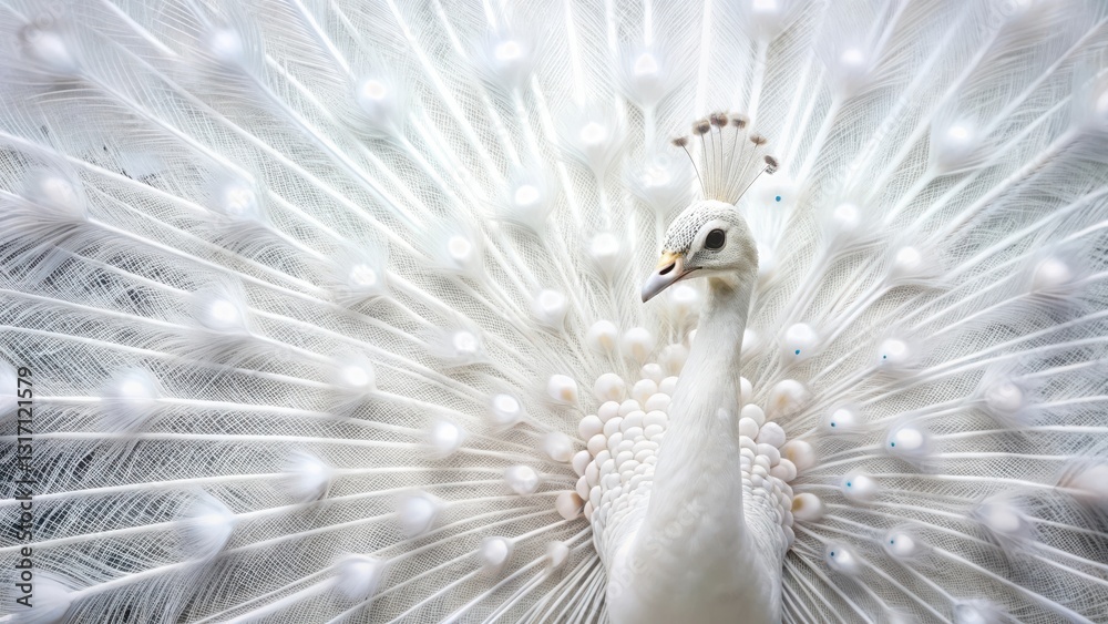 Fototapeta premium A Majestic White Peacock Displays Its Exquisite Plumage, a Breathtaking Spectacle of Nature's Elegance and Beauty