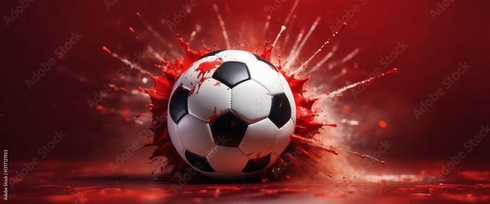 Soccer Ball on Red Explosive Background l concept of a soccer ball with splashes, copy space ,banner