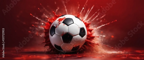 Obraz na płótnie Soccer Ball on Red Explosive Background l concept of a soccer ball with splashes, copy space ,banner w salonie