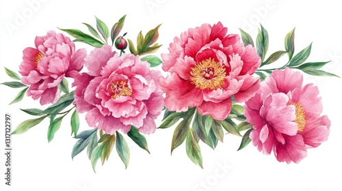 Luxe Bouquet of Pink & Red Peonies – Delicate Petals & Green Leaves on Clean White Background