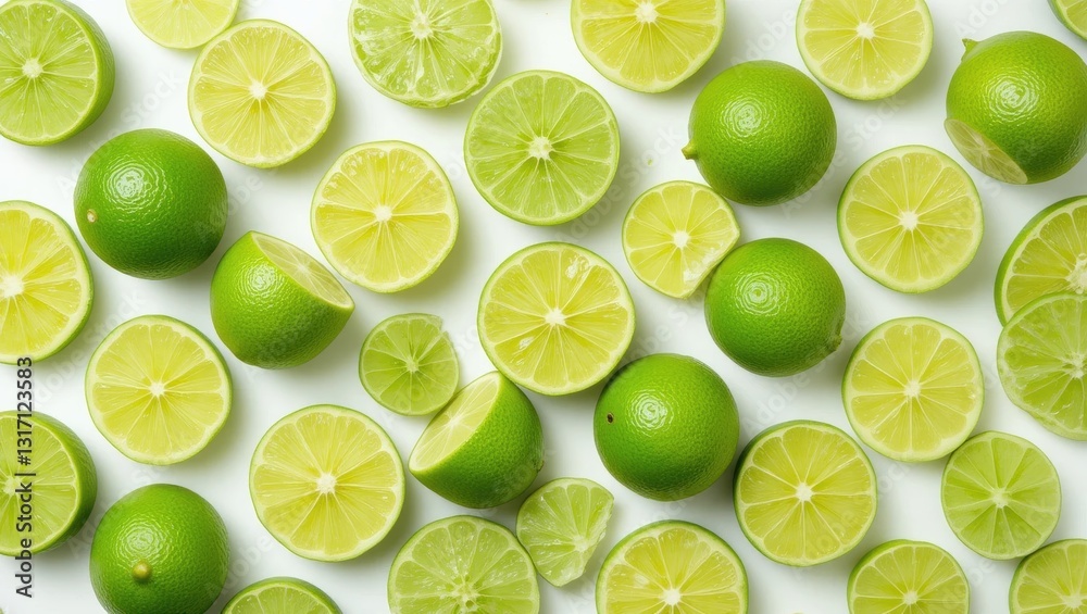 Assorted Layers of Freshly Sliced Green Limes on a Bright White Background Assorted Layers of Freshly Sliced Green Limes on a Bright White Background
