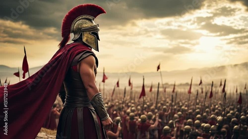Spartan General Stands Before His Army Ready For Battle in Ancient Greece