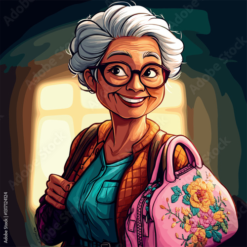 A woman with white hair in a floral shirt and pink bag in a colorful setting.