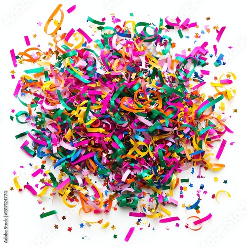 A pile of colorful confetti and streamers, isolated on a white background, joyful and festive atmosphere