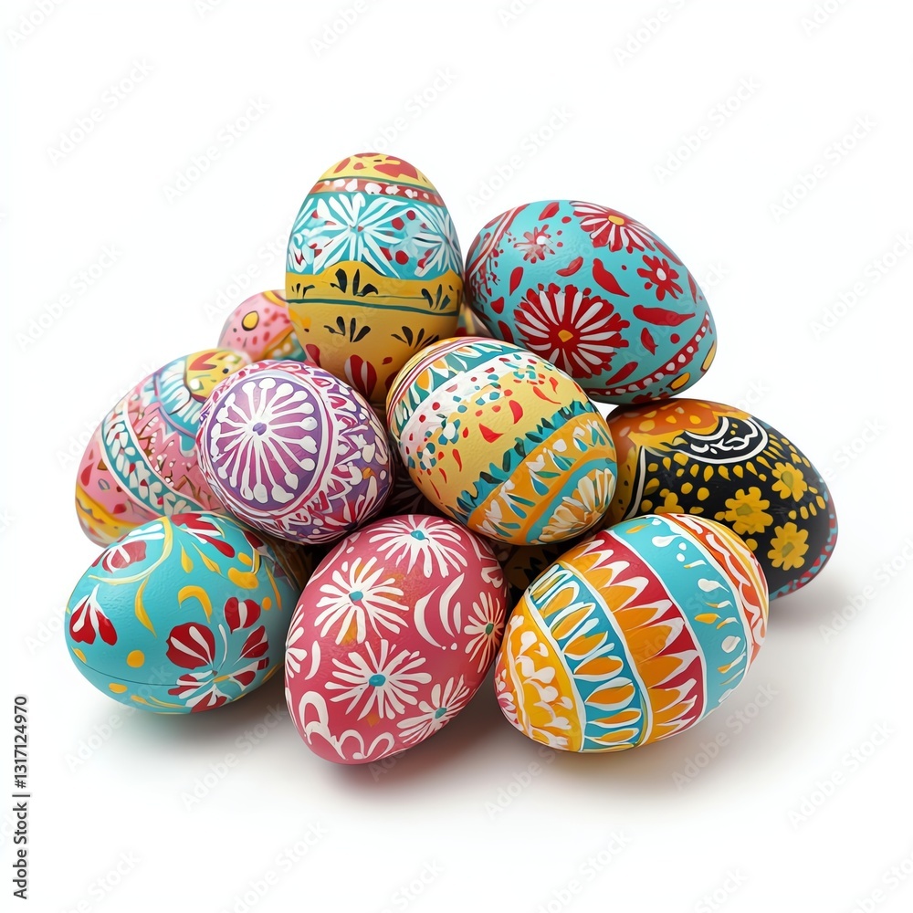 A pile of colorful Easter eggs with intricate hand-painted patterns, isolated on a white background, festive and decorative A pile of colorful Easter eggs with intricate hand-painted patterns, isolated on a white background, festive and decorative