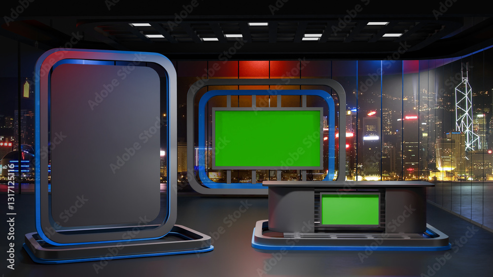 Obraz premium 3D Virtual TV Studio News, Backdrop For TV Shows .TV On Wall.3D Virtual News Studio Background,3d illustration