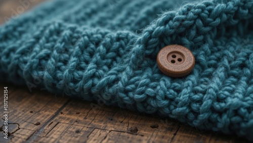 Close-Up View of Teal Knitted Fabric with Button Detail on a Wooden Surface