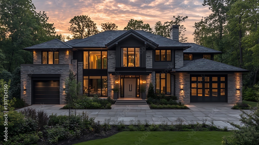 Luxurious modern home at dusk. Luxurious modern home at dusk.