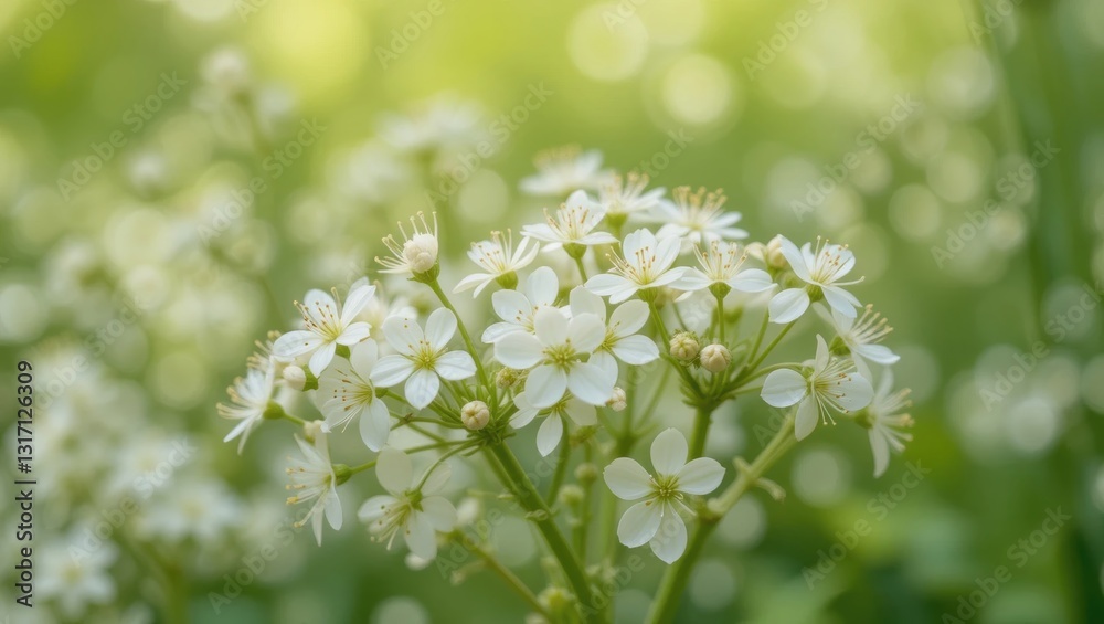 Delicate White Flowers Blooming in a Green Field with Soft Sunlight and Bokeh Background Delicate White Flowers Blooming in a Green Field with Soft Sunlight and Bokeh Background