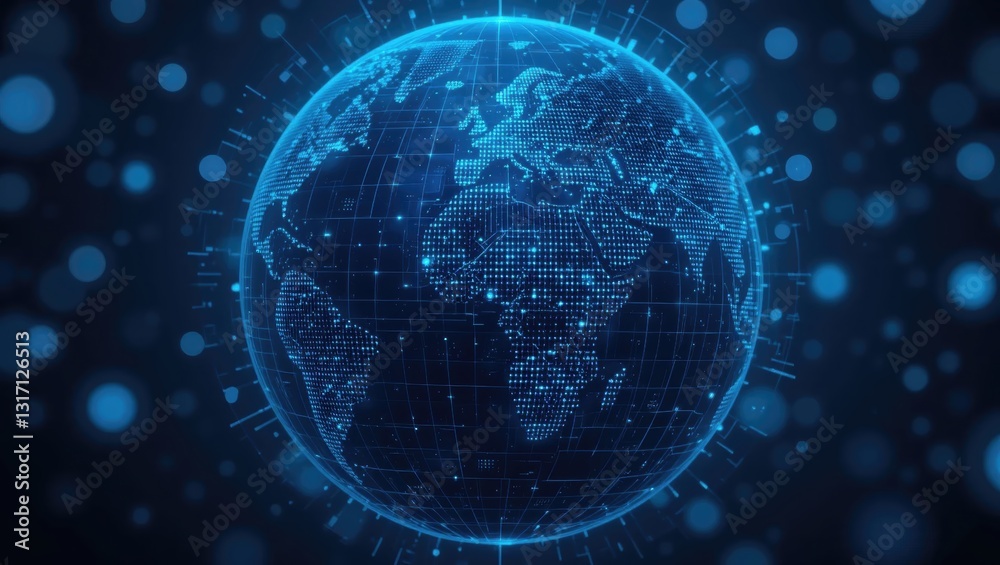 Obraz premium Digital Representation of a Global Network Over Earth with Geometric Patterns and Blue Lights