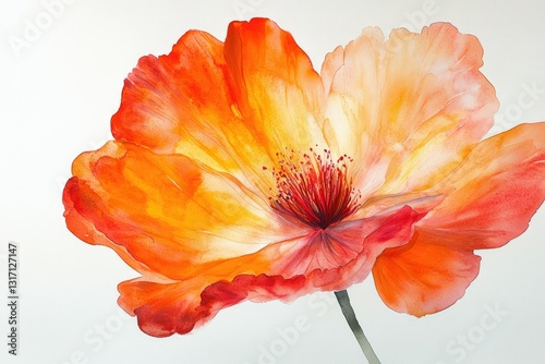 A vibrant watercolor painting of a single, large orange poppy flower with delicate petals.