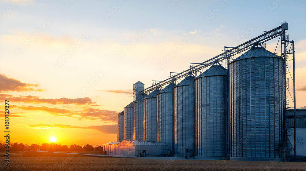 Large Modern Grain Silos at Sunset in Rural Farm Landscape With Orange and Yellow Sky Large Modern Grain Silos at Sunset in Rural Farm Landscape With Orange and Yellow Sky