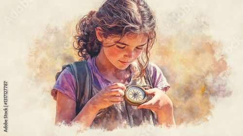 A charming young adventurer girl with curly auburn hair, clutching an old compass tightly in her hands