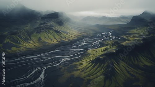 Serene Aerial View of Highlands Landscape in Iceland with Minimalistic Clean Elements