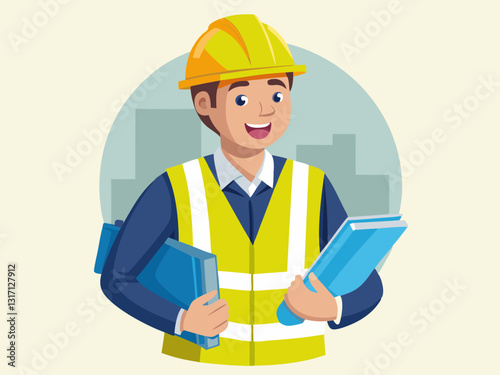civil engineer wearing a yellow hard hat, reflective vest, and holding blueprints