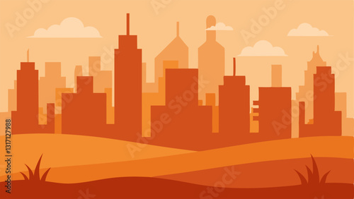 Smog over Cities A stylized city skyline with a hazy atmosphere and a dry environment around it showing how urban areas are impacted by water shortages.