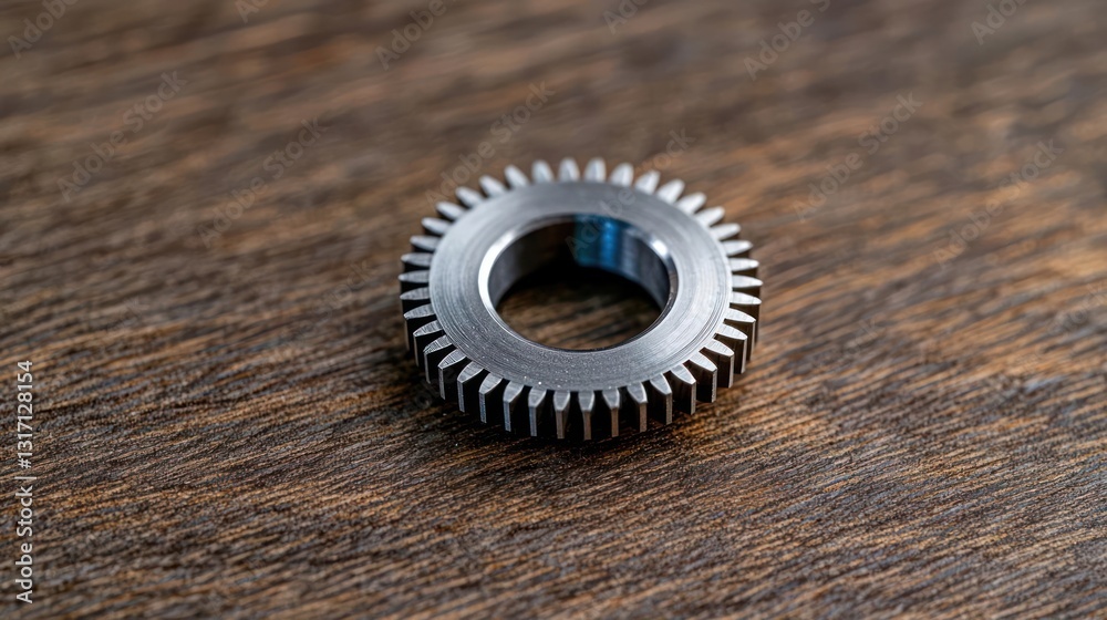 Close Up Shot Of A Circular Silver Gear With Sharp Teeth And Hole Detail On A Brown Wooden Background