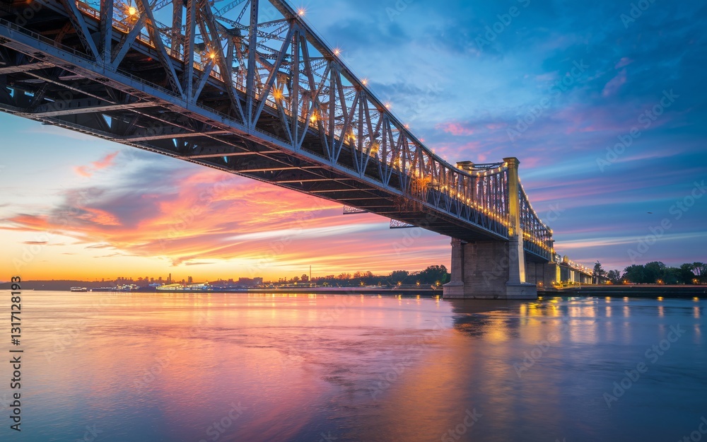 Mississippi River, Steel Bridge Sunset Over River Mississippi River, Steel Bridge Sunset Over River