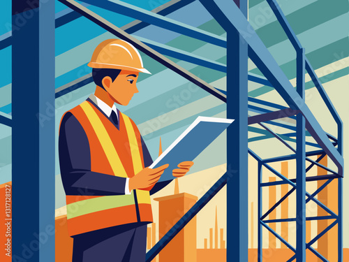 structural engineer in a worksite uniform, inspecting a steel framework