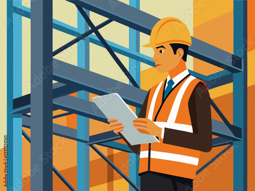 structural engineer in a worksite uniform, inspecting a steel framework