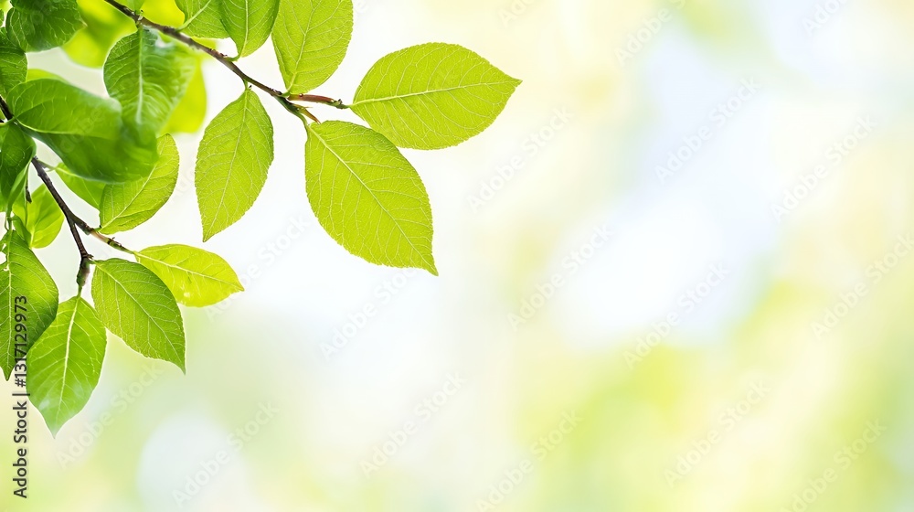 Bright Green Leaves on Branch, Soft Focus Background Bright Green Leaves on Branch, Soft Focus Background