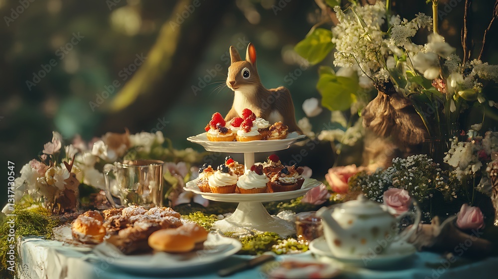 Squirrel Enjoying Tea Party with Cakes and Berries in Enchanted Garden Squirrel Enjoying Tea Party with Cakes and Berries in Enchanted Garden