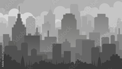 Smoggy City Skyline A simple of a city skyline obscured by thick gray smog. Dark silhouettes of buildings rise against a hazy sky with faint outlines of trees ly