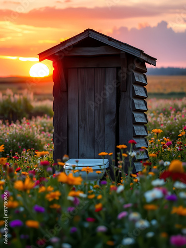 An old rustic wooden toilet or outhouse stands amidst a field of colorful wildflowers during sunset, radiating a serene countryside vibe.