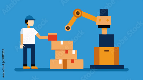 Robot Palletizer An showing a robotic arm efficiently stacking boxes on a pallet while a human worker observes from a safe distance ing collaboration between