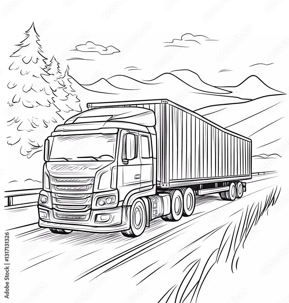 A black and white vector-style outline of an illustration for a children's coloring book, depicting a truck with a cargo container on the road in a landscape view
