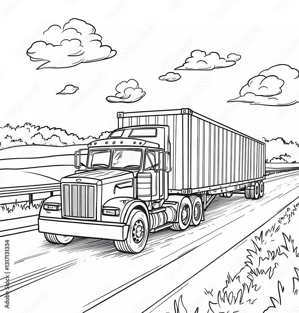 A black and white vector-style outline of an illustration for a children's coloring book, depicting a truck with a cargo container on the road in a landscape view