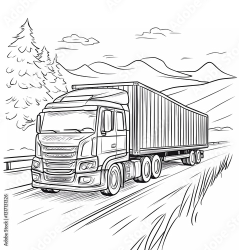 Obraz na płótnie A black and white vector-style outline of an illustration for a children's coloring book, depicting a truck with a cargo container on the road in a landscape view w salonie