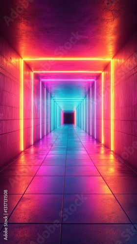 Colorful neon lights illuminate a long corridor creating an immersive experience at night