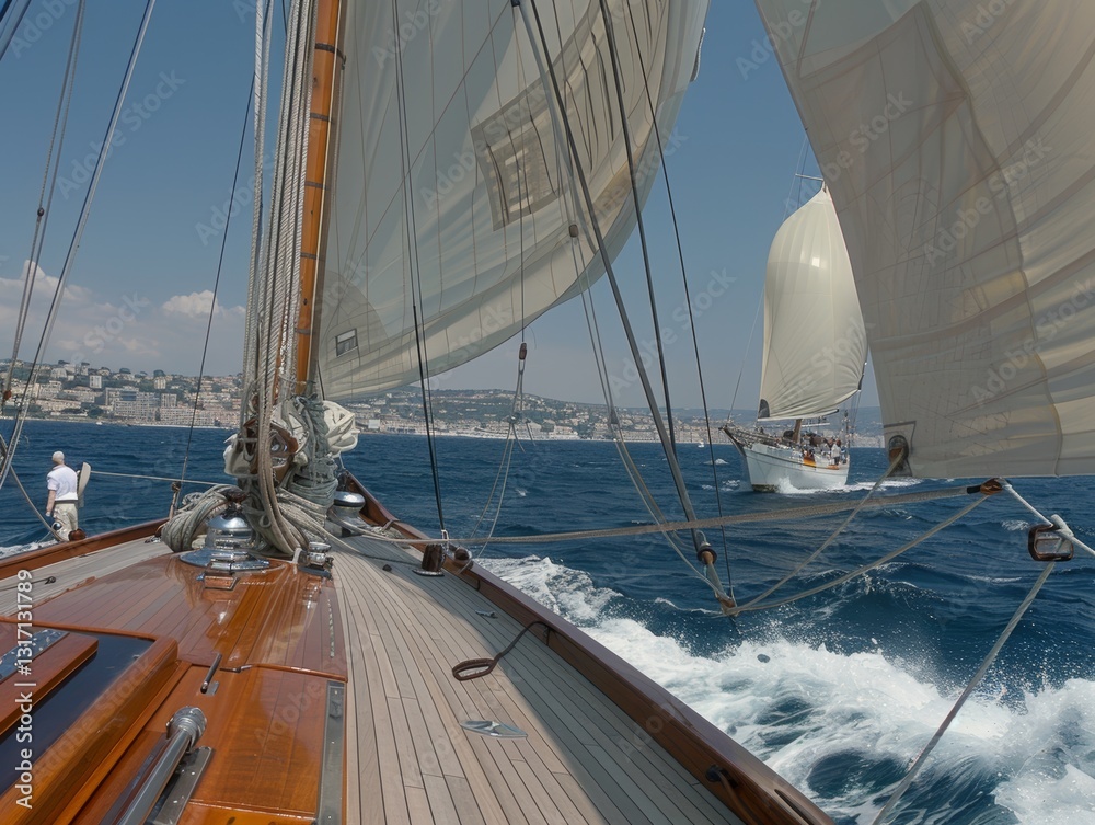 Obraz premium Summer Sailing Adventure on the Ocean: Nautical Exploration and Yachting in a Sunny Coastal Regatta