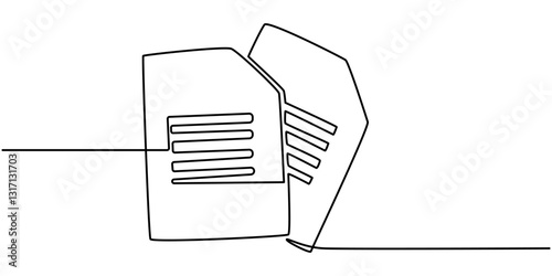 One continuous line vector drawing of a folder. Outline documents background icon. Saving securities vector icon. Vector illustration,  Clipboard with checklist. Continuous line one drawing. Simple.