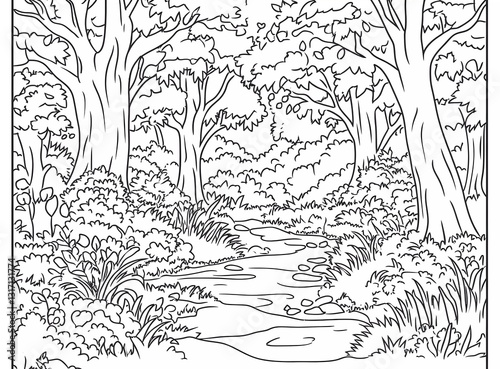 Obraz na płótnie A coloring page of an open forest with tall trees and small plants, a stream flowing through the landscape, and some animals hidden in the bushes or among the rocks w salonie