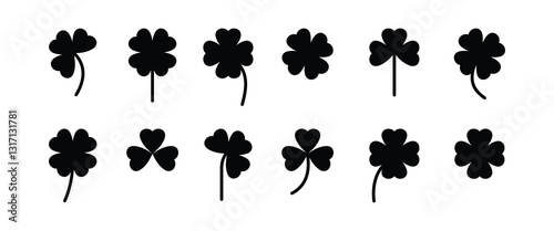 Clover leaf silhouette collection. Set of four and three leaf clovers.Shamrock,  Santa Patrick's day symbol. Green leaves isolated on black background. Vector illustration