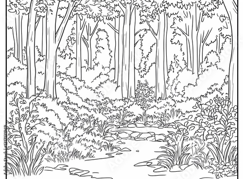 Obraz na płótnie A coloring page of a forest landscape with trees, bushes, and a small brook. Black lines on a white background w salonie