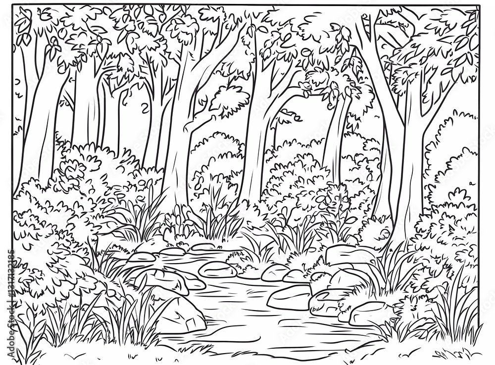 A coloring page of a forest landscape with trees, bushes, and a small brook. Black lines on a white background