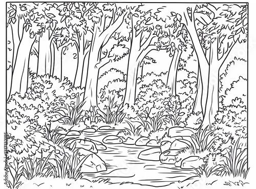 Obraz na płótnie A coloring page of a forest landscape with trees, bushes, and a small brook. Black lines on a white background w salonie