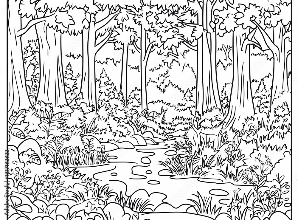 A coloring page of a forest landscape with trees, bushes, and a small brook. Black lines on a white background