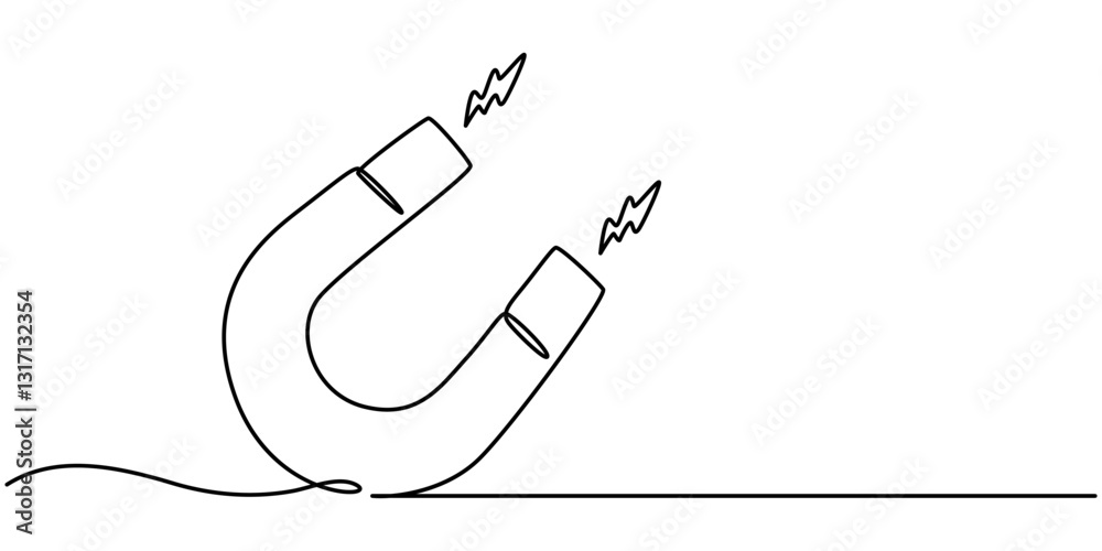 One continuous line drawing horseshoe Magnet drawing, Horse shoe magnet cartoon isolated on white, Magnet Doodle, Magnet Icon, Symbol of hr hiring and recruiting in Editable stroke. Doodle pro vector.