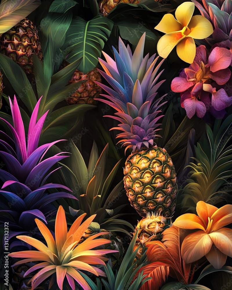 Obraz premium Vibrant tropical foliage with colorful flowers.