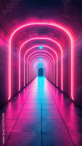 Vibrant neon tunnel illuminated with pink and blue lights creates a stunning visual pathway