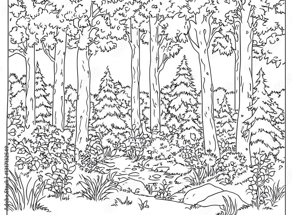 A coloring page of an open forest with tall trees and small plants, a stream flowing through the landscape, and some animals hidden in the bushes or among the rocks