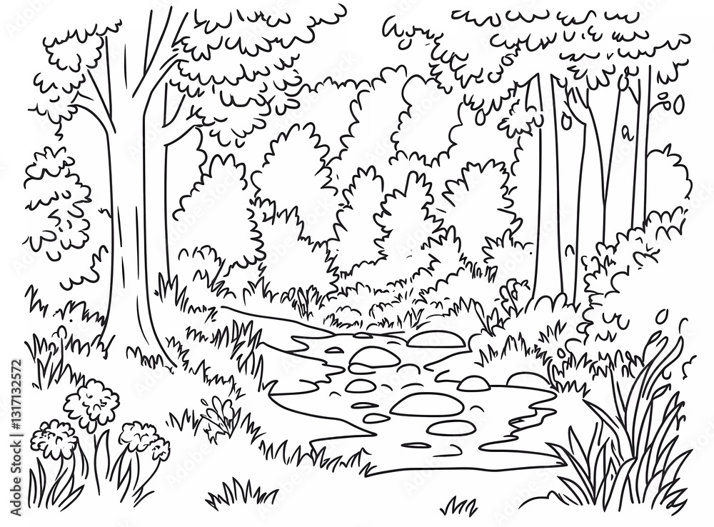 A coloring page of an open forest with tall trees and small plants, a stream flowing through the landscape, and some animals hidden in the bushes or among the rocks