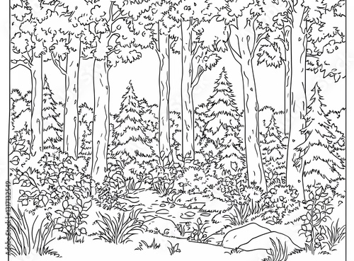 A coloring page of an open forest with tall trees and small plants, a stream flowing through the landscape, and some animals hidden in the bushes or among the rocks